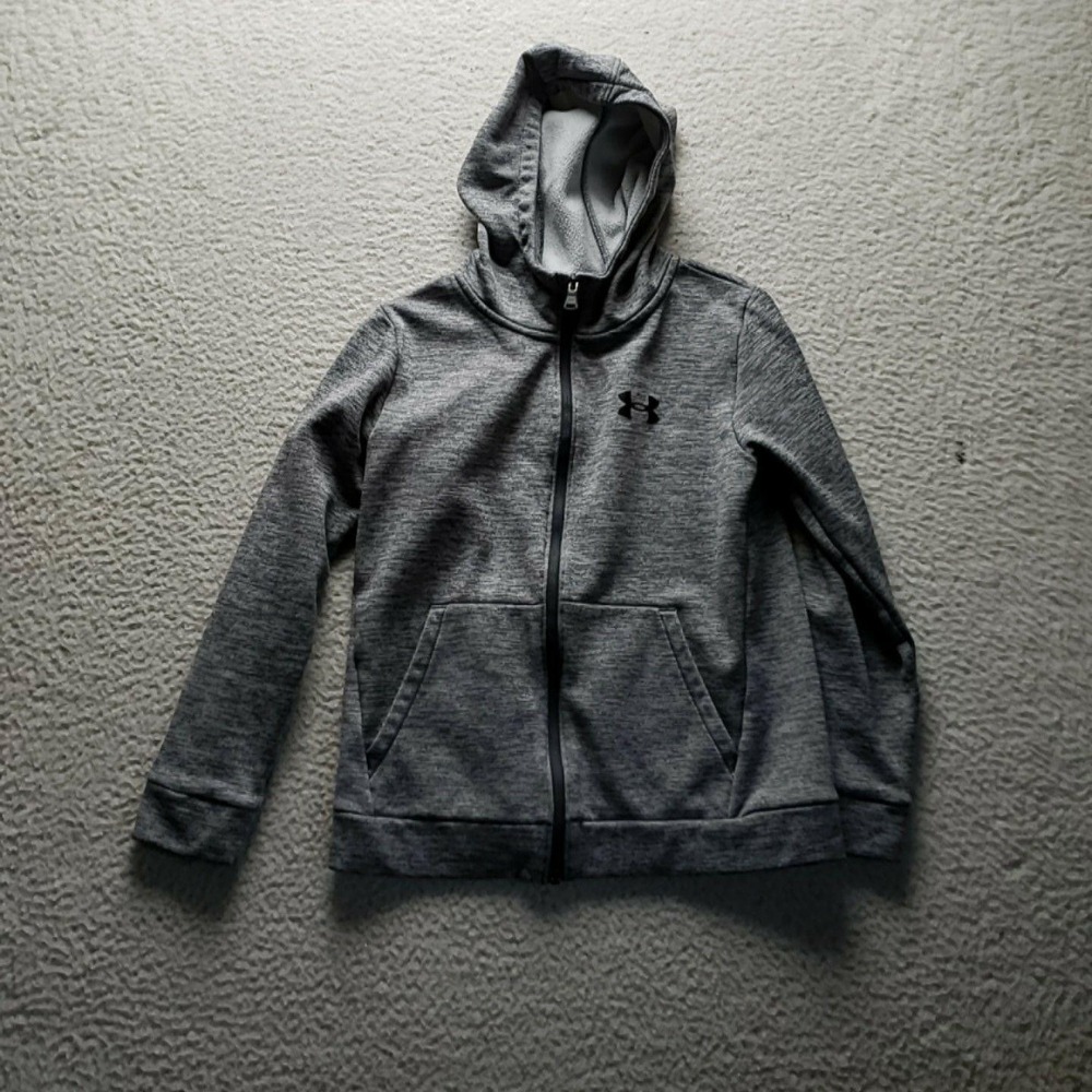 Under Armour Hoodie Youth Medium Gray Fleece Full Zip Logo Loose Fit Sweatshirt